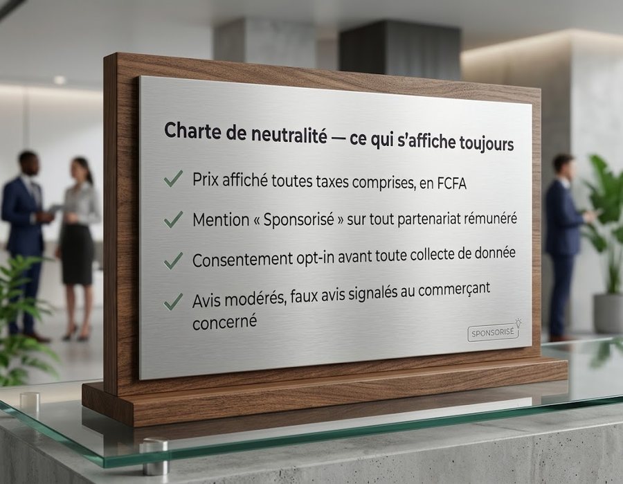 Charte de neutralité — ce qui s'affiche toujours : prix affiché toutes taxes comprises en FCFA, mention « Sponsorisé » sur tout partenariat rémunéré, consentement opt-in avant toute collecte de donnée, avis modérés.
